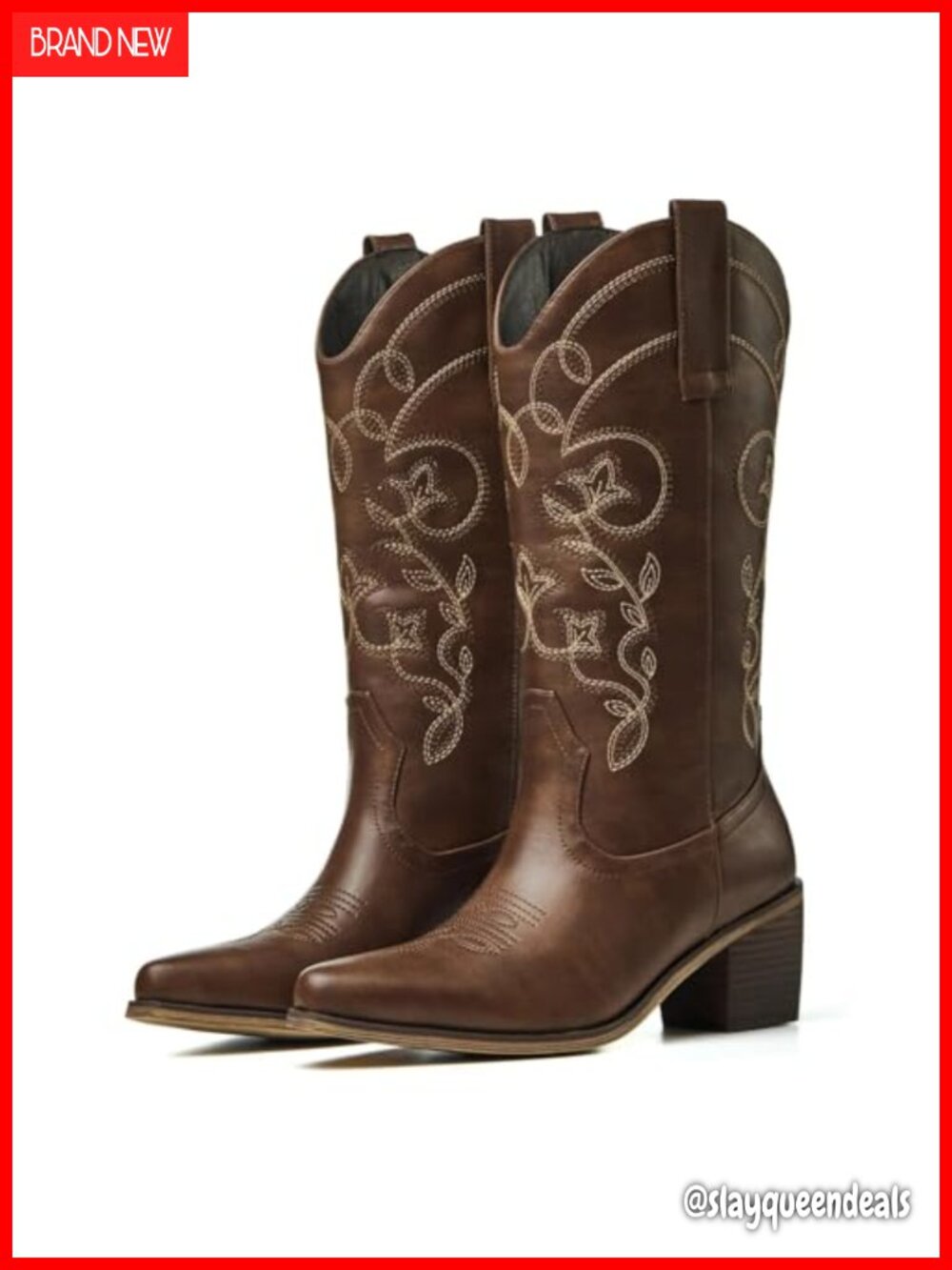Women's Faux Leather Cowboy Boots Pointed Toe Chunky Heel Mid-Calf Western Boots
